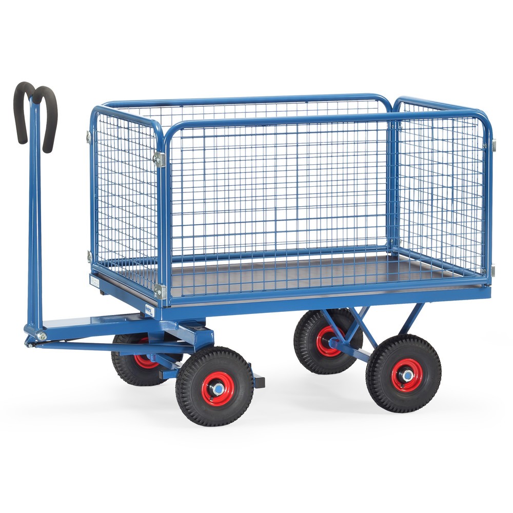 Imagen del producto: carro con plataforma de mano fetra® con paredes de malla de alambre H 600 mm, área de carga 800 x 1.200 mm, capacidad de carga 700 kg, neumáticos de aire