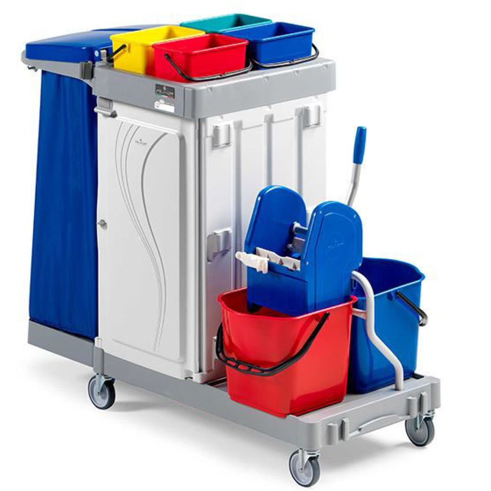 Imagen del producto: carro de transporte de limpieza Poly III, 2 x 15 litros con prensa de fregona + 4 x 4 litros, compartimentos intermedios bloqueables