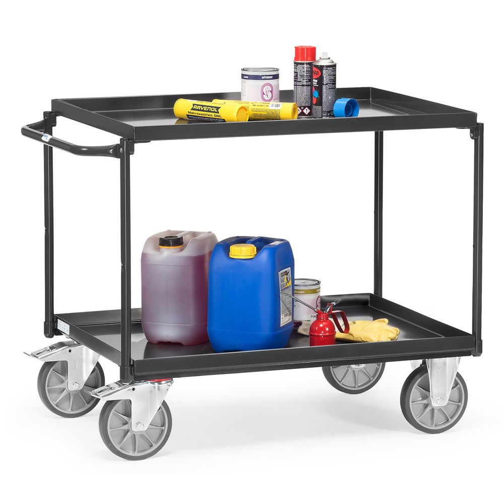 Número de imagen del producto 2: carro|plataforma de mesa fetra® con bañeras a prueba de aceite, 2 niveles de 850 x 500 mm, soporte horizontal, gris antracita