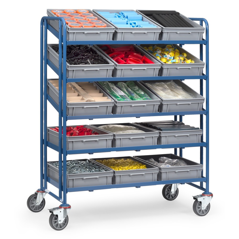 Número de imagen del producto 2: Carros con estantes Eurobox fetra®, con cajas, capacidad de carga 300 kg, 5 estantes de 1.240 x 610 mm cada uno