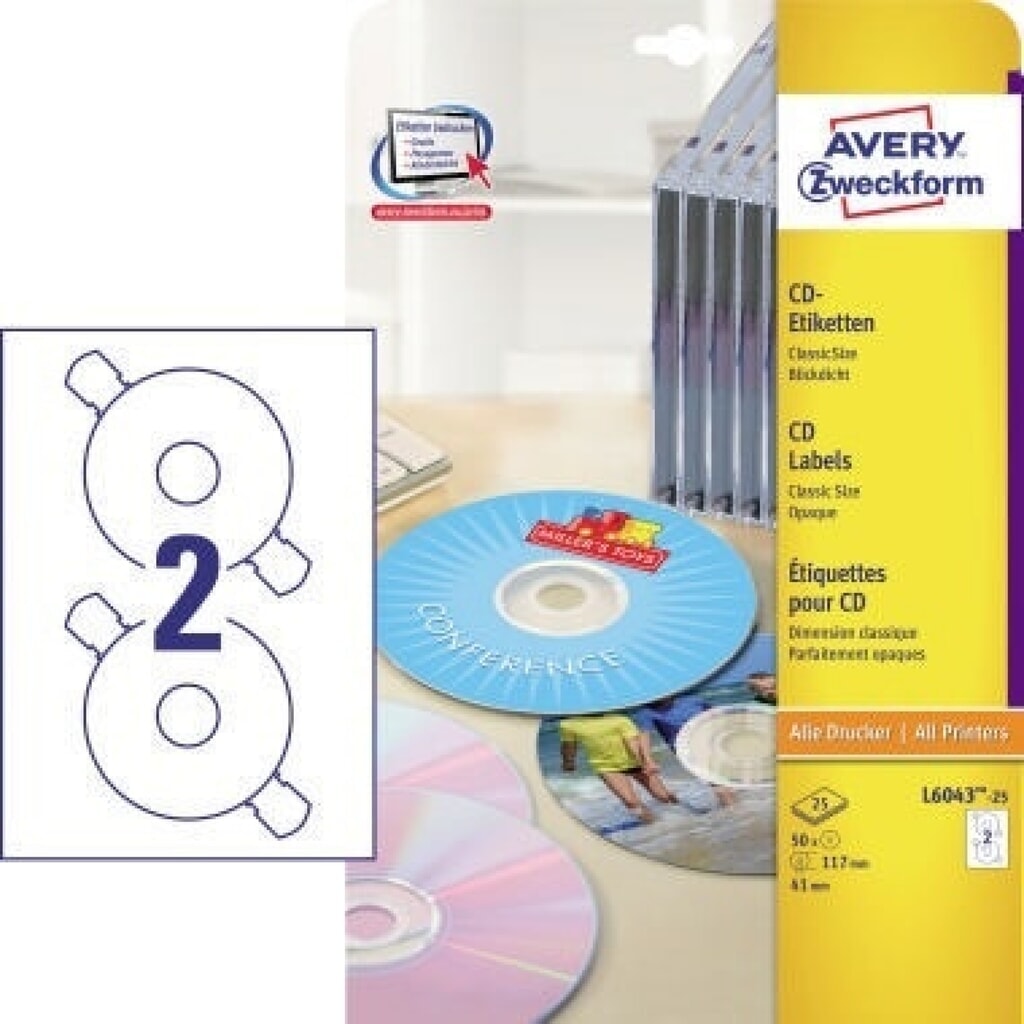 Avery Zweckform CD/DVD-Etikett L6043-25 117mm weiß 50 St./Pack. Produktabbildung: Avery Zweckform CD/DVD-Etikett L6043-25 117mm weiß 50 St./Pack.