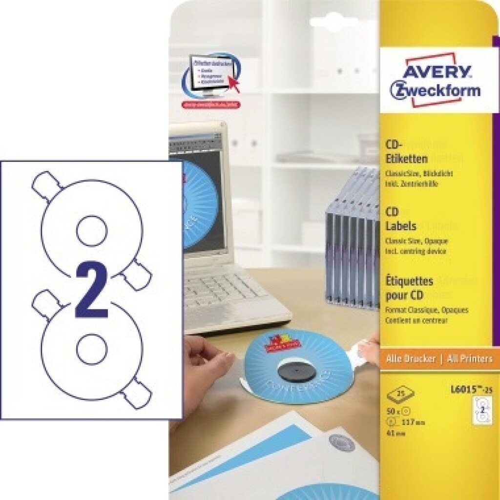 Avery Zweckform CD/DVD-Etikett L6015-25 matt weiß 50 St./Pack. Produktabbildung: Avery Zweckform CD/DVD-Etikett L6015-25 matt weiß 50 St./Pack.