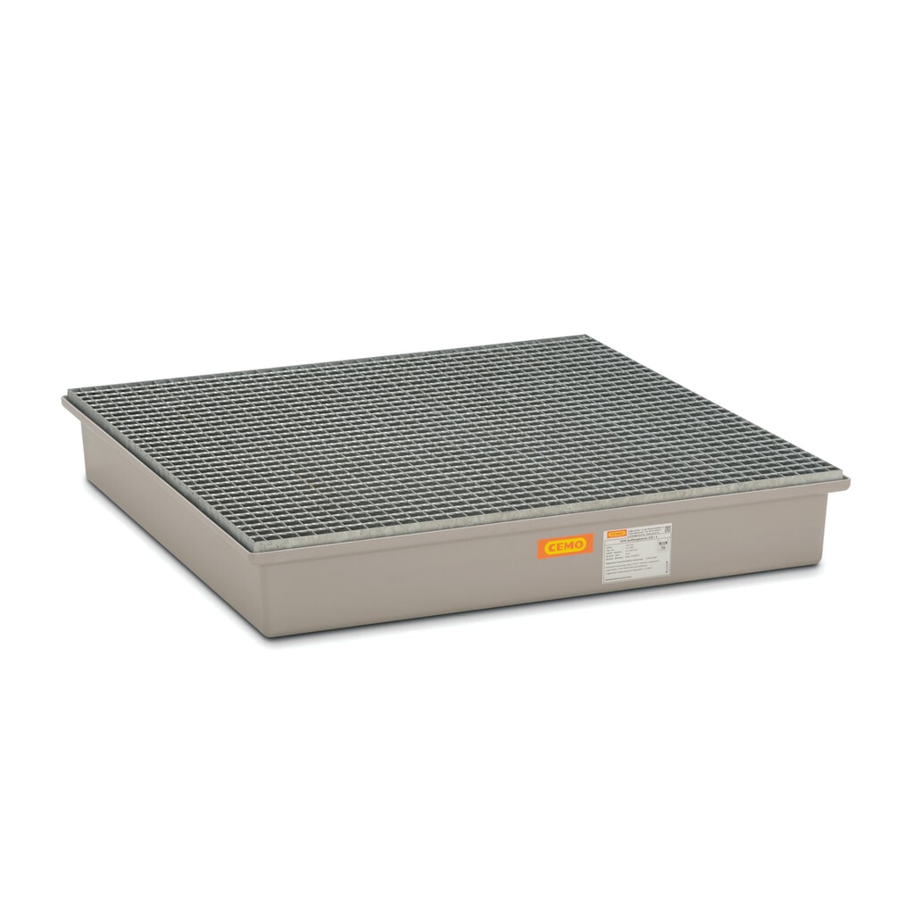 Produktabbildung: CEMO Auffangwanne aus GFK, HxBxT 210 x 1.280 x 1.280 mm, Gitterrost aus Stahl