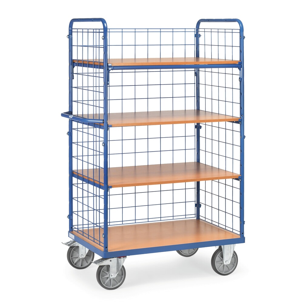 Illustration du produit: fetra® Chariot à plateaux à tablettes fixes, 3 parois grillagées, 4 plateaux de 1 000 x 700 mm