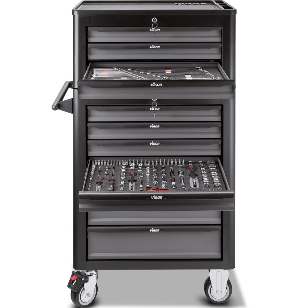 N° de l'image du produit 2 : Chariot à outils VIGOR® 1000, 7 + 3 tiroirs + coffret de réhausse, assortiment d'outils avec 344 pièces inclus