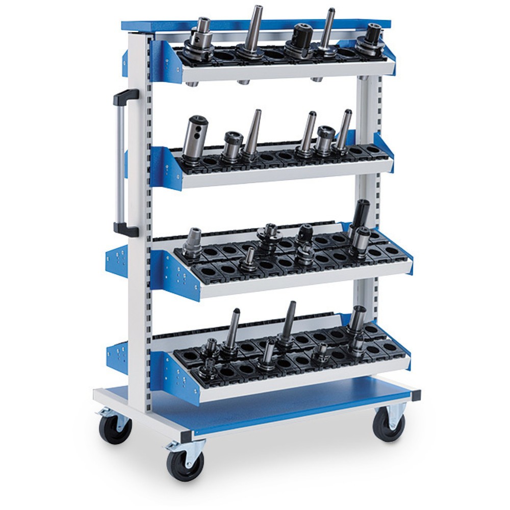 Illustration du produit: Chariot de chargement CNC Bedrunka+Hirth, avec 4 plateaux porte-outils, H x l x P 1 450 x 990 x 610 mm, gris clair, bleu clair