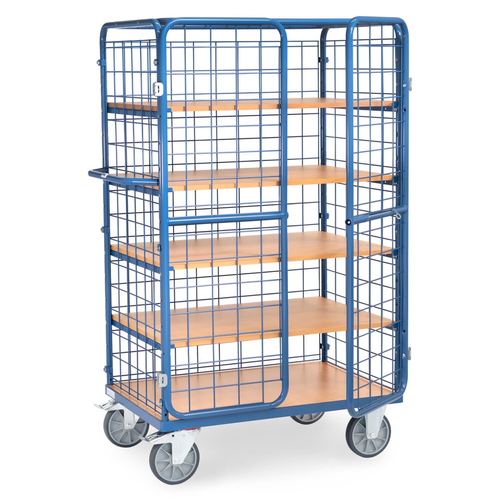 N° de l'image du produit 1 : Chariot fermé tôlé fetra®, capacité de charge de 600 kg, ridelles grillagées, porte à double battant, 5 étagères de 1 000 x 700 mm