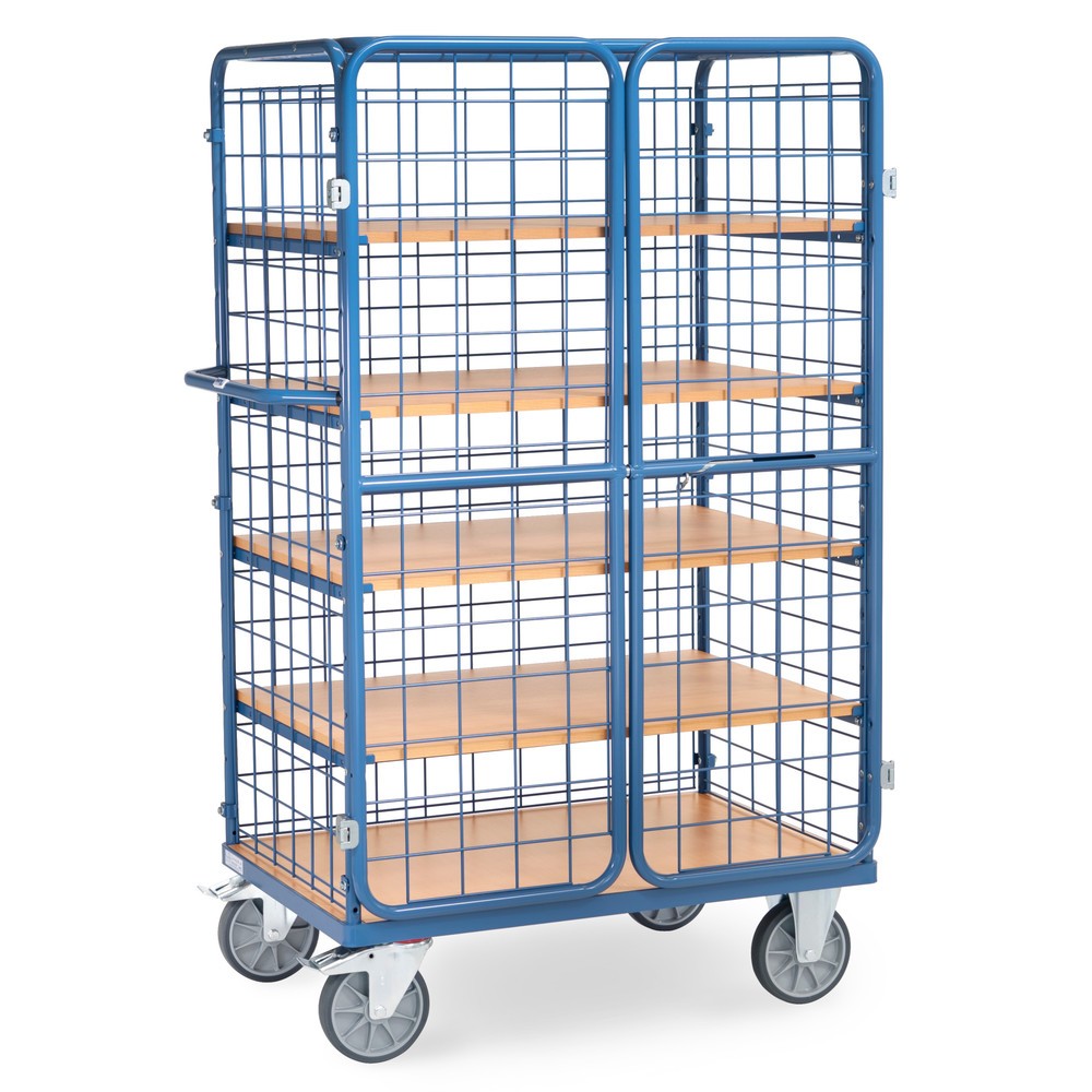 N° de l'image du produit 4 : Chariot fermé tôlé fetra®, capacité de charge de 600 kg, ridelles grillagées, porte à double battant, 5 étagères de 1 000 x 700 mm
