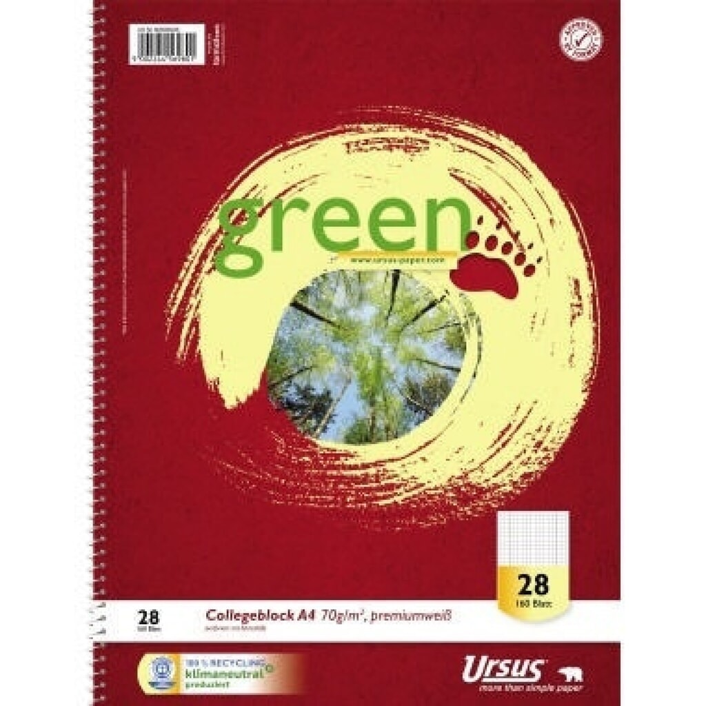 Ursus Collegeblock Green 608590028 DIN A4 70g kariert/Rand 160Blatt Produktabbildung: Ursus Collegeblock Green 608590028 DIN A4 70g kariert/Rand 160Blatt
