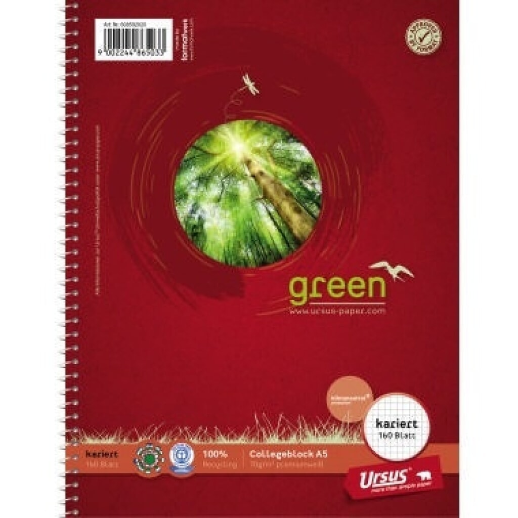 Ursus Collegeblock Green 608592020 DIN A5 70g kariert 160Blatt Produktabbildung: Ursus Collegeblock Green 608592020 DIN A5 70g kariert 160Blatt