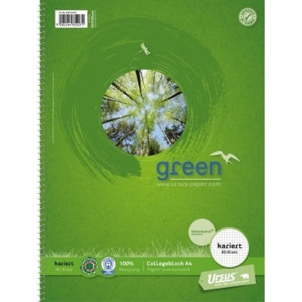 Produktabbildung: Ursus Collegeblock Green 608570020 DIN A4 70g kariert weiß 80Blatt