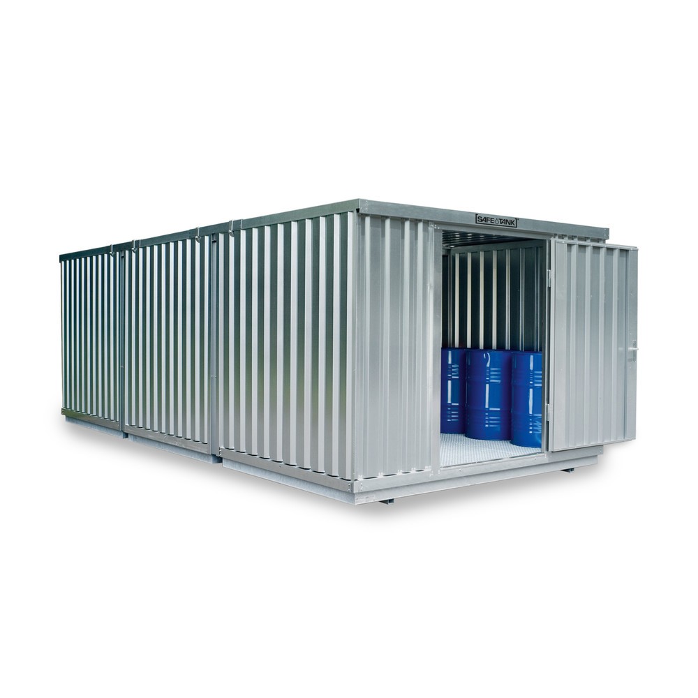 Illustration du produit: Combinaison de conteneurs pour substances dangereuses SAFE Tank 3500, pour WGK 1-3, galvanisés, prémontés, dimensions extérieures 4 050x6 520x2 300 mm, porte à un battant, latéral dans le côté de 2 m, surface de stockage 25 m²