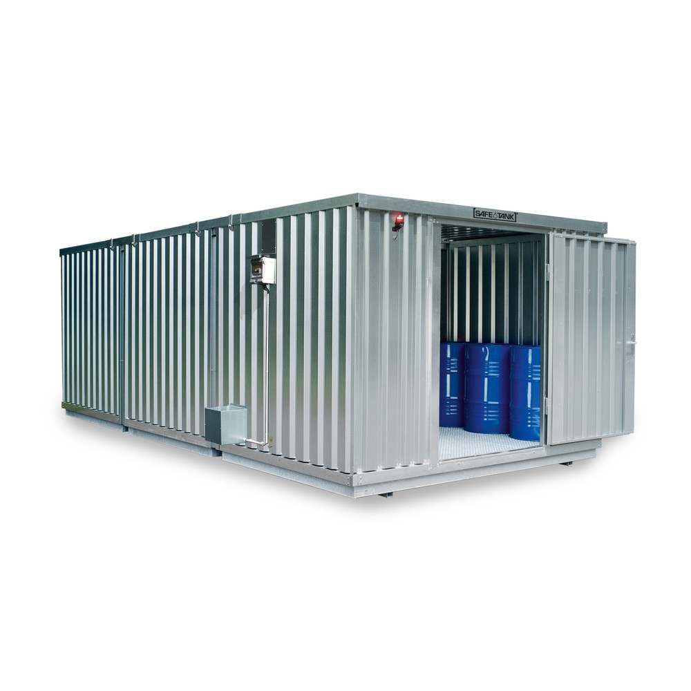 Product afbeelding: Combinatie van containers voor gevaarlijke stoffen SAFE Tank 2000 ALG, verzinkt, voorgemonteerd, buitenafmetingen 3.350x4.340x2.300 mm, enkele draaideur, centraal in de module, opslagruimte 12 m²