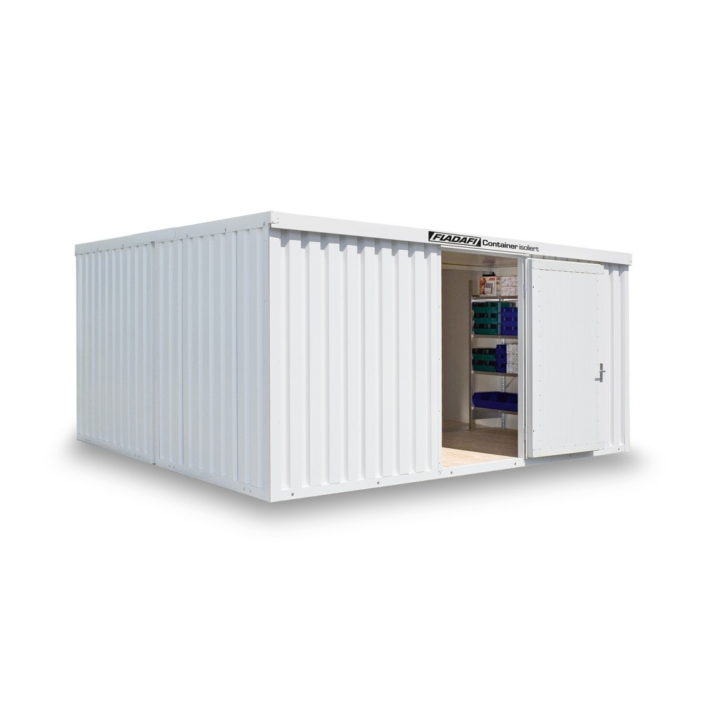 Product afbeelding: Combinatie van materiaalcontainers FLADAFI®, isoleert, 20 m², met houten vloer, hxbxd 2.405 x 5.080 x 4.340 mm, dubbele draaideur (asymmetrische indeling), gecentreerd in de brede zijde