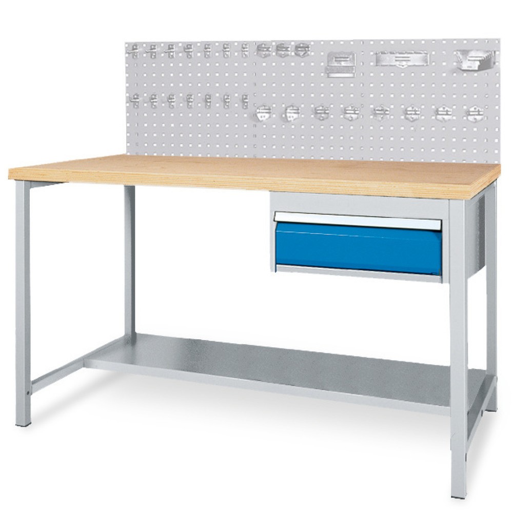 Product afbeelding: Complete set werkbanktafel met lade + geperforeerde achterwand + diverse haken, hxbxd 1.310 x 1.500 x 750 mm