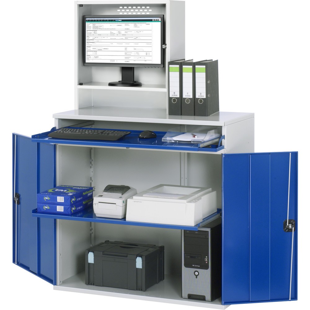 Product afbeelding: Computerkast RAU, monitorbehuizing, uitschuifblad voor het toetsenbord, dubbele draaideur, monitorvak diepte 230, 1 x uittrekbaar blad, stationair