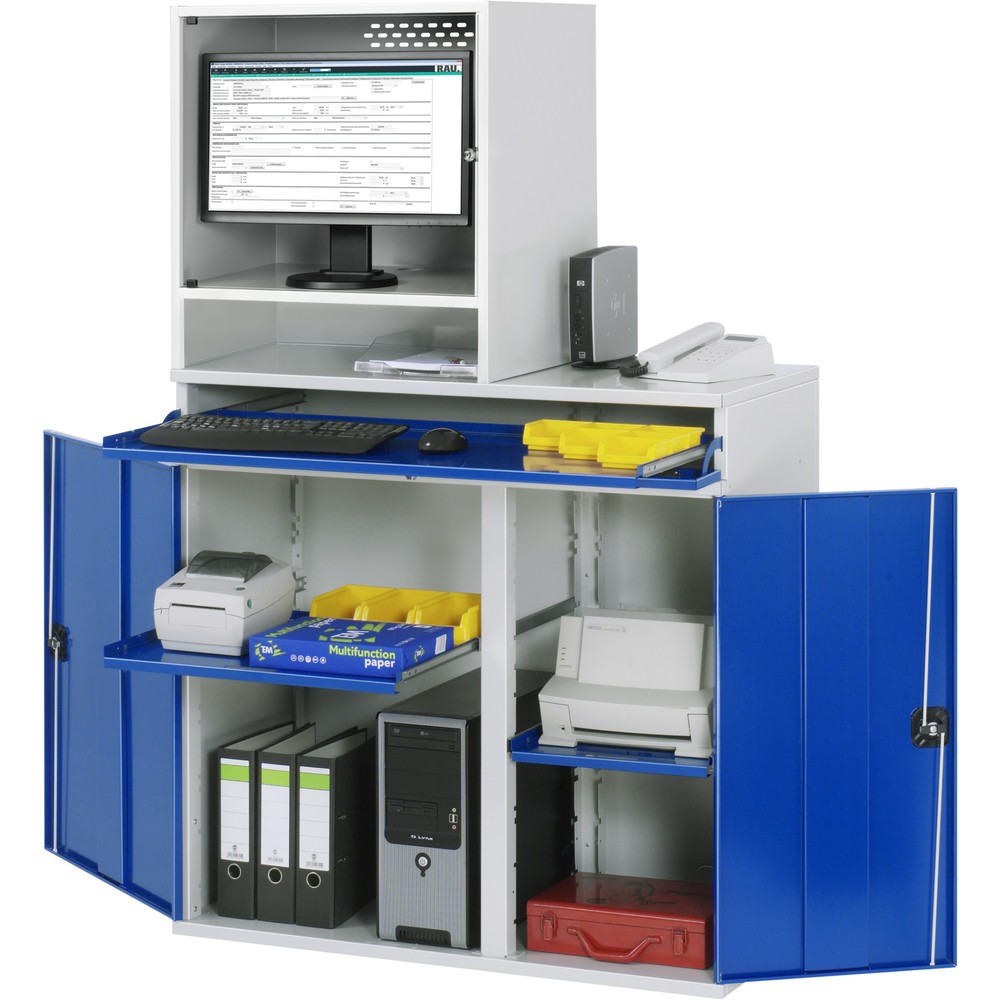 Product afbeelding: Computerkast RAU, monitorbehuizing, uitschuifblad voor het toetsenbord, dubbele draaideur, monitorvak diepte 500, 2 x uittrekbaar blad, stationair