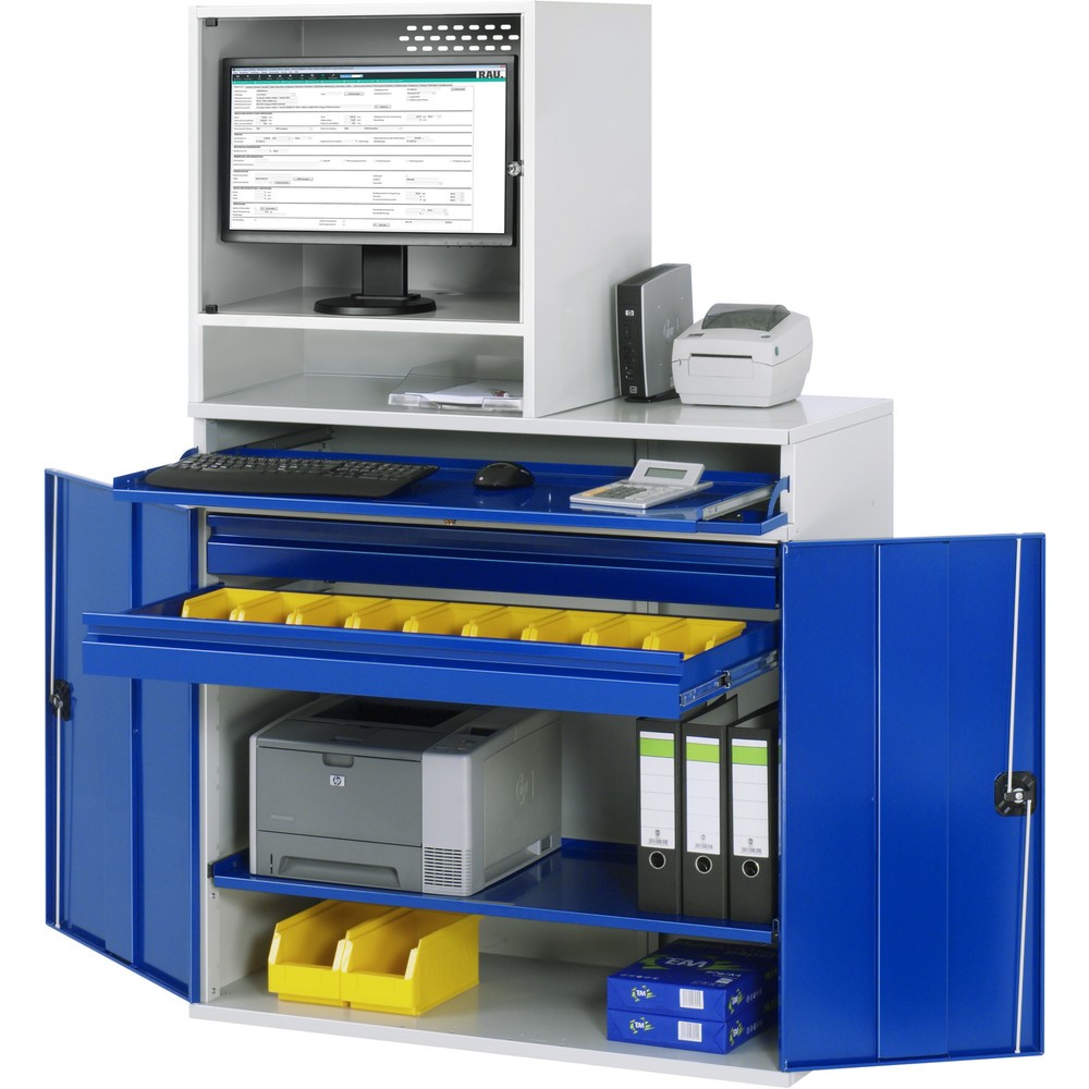 Product afbeelding: Computerkast RAU, monitorbehuizing, uitschuifblad voor het toetsenbord, dubbele draaideur, aantal lades x h x b: 2 x 80 x 1.020 mm