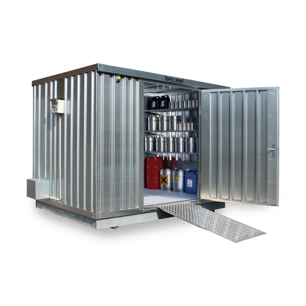 Product afbeelding: Container voor gevaarlijke stoffen SAFE Tank 1000 ECO, energiezuinig dankzij vraaggestuurde ventilatorregeling, buitenafmetingen 3.350x2.170x2.310 mm, enkele draaideur, centraal in de korte zijde, opslagruimte 6 m²