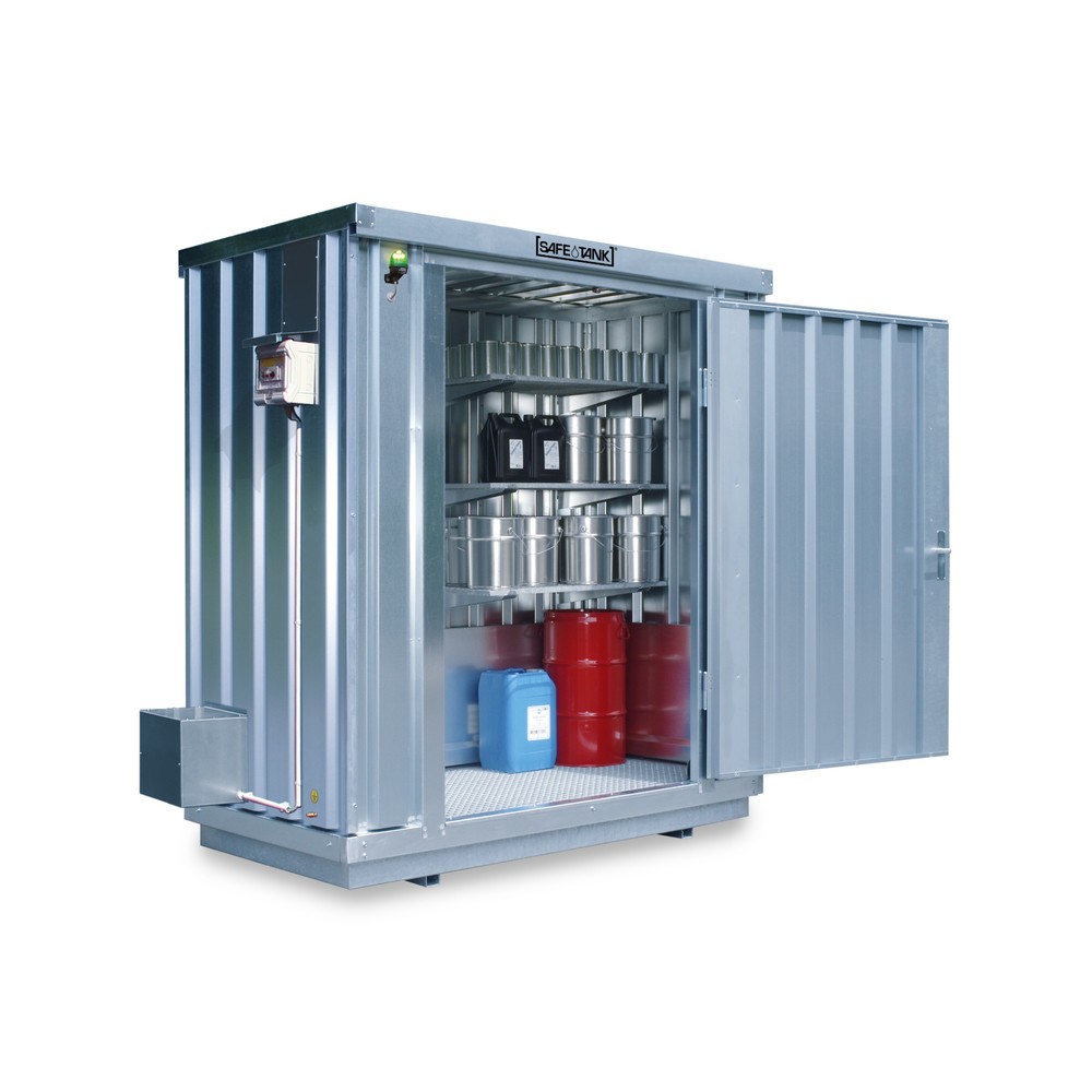 Product afbeelding: Container voor gevaarlijke stoffen SAFE Tank 300 ECO, energiezuinig dankzij vraaggestuurde ventilatorregeling, buitenafmetingen 2.400x1.440x2.300 mm, enkele draaideur, centraal in de brede zijde, opslagruimte 2 m²