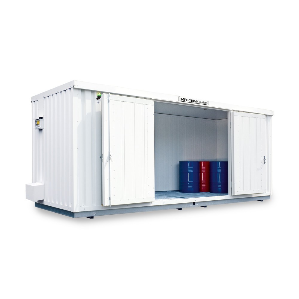 Product afbeelding: Container voor gevaarlijke stoffen SAFE Tank 5000 ECO, geïsoleerd, energiezuinig dankzij vraaggestuurde ventilatorregeling, buitenafmetingen 5.380x6.520x2.520 mm, dubbele draaideur (asymmetrische verdeling), zijdelings in de zijde van 6 meter,