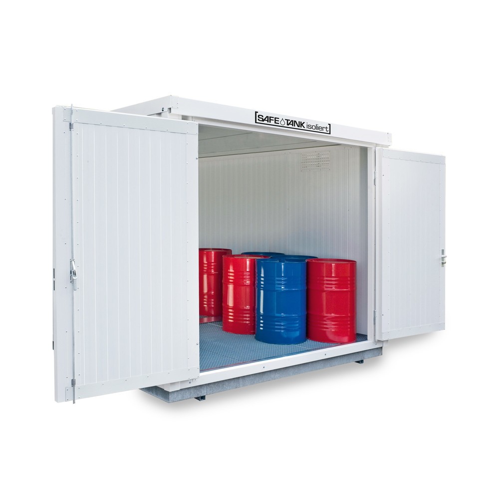 Product afbeelding: Container voor gevaarlijke stoffen SAFE Tank 1000 KTC WGK, geïsoleerd, gemonteerd, met kunststof coating RAL9002, buitenafmetingen 3.050x2.170x2.560 mm, dubbele draaideur, centraal in de brede zijde, opslagruimte 5 m²