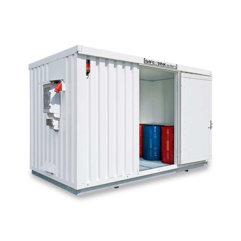 Illustration du produit: Conteneur pour substances dangereuses SAFE Tank 1350 isolé CONTROL, dispositif antidéflagrant automatisé pour une efficacité énergétique et une sécurité maximales, dimensions extérieures 4 350x2 170x2 510 mm, porte à un battant, au centre du