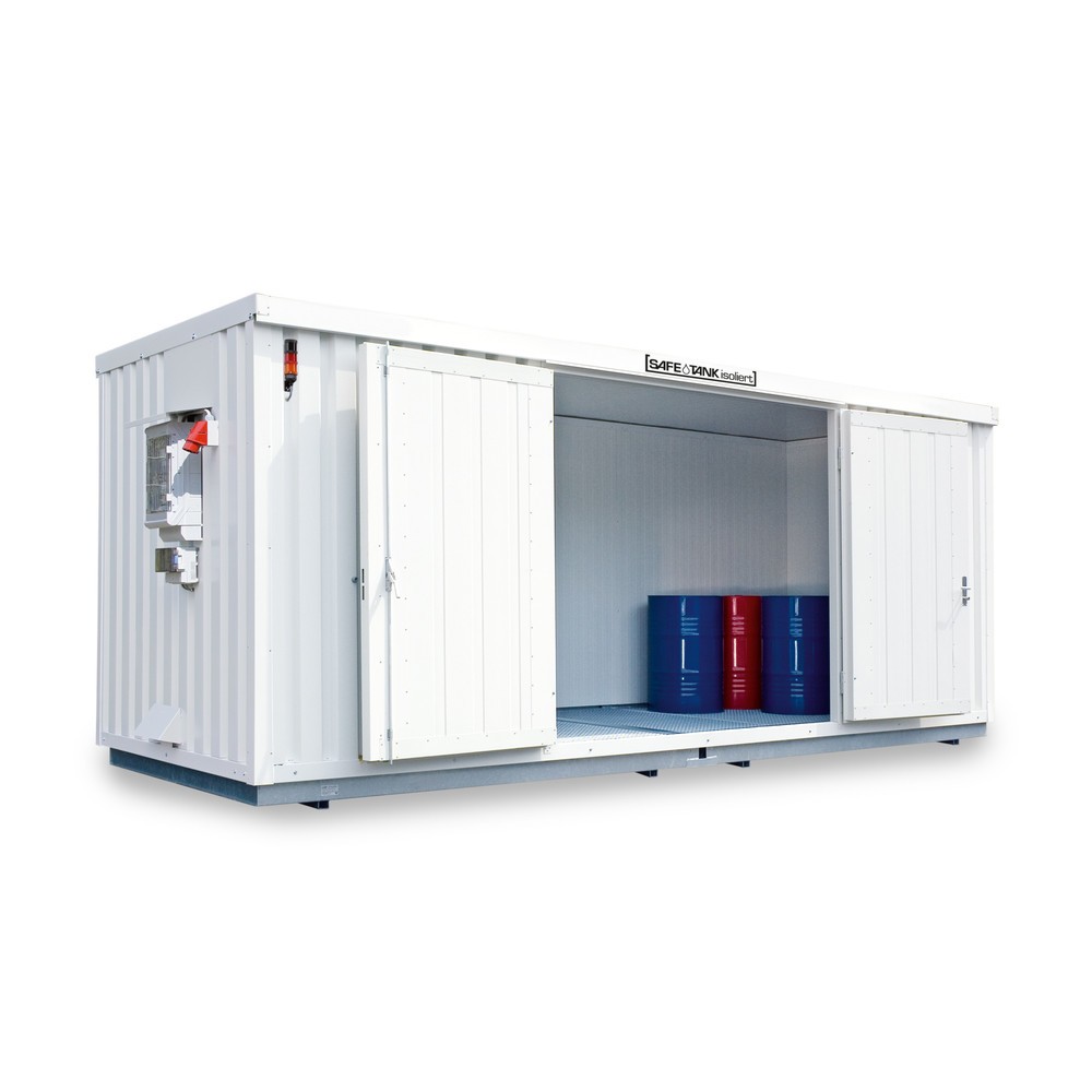 Illustration du produit: Conteneur pour substances dangereuses SAFE Tank 1700 isolé CONTROL, dispositif antidéflagrant automatisé pour une efficacité énergétique et une sécurité maximales, dimensions extérieures 5 380x2 170x2 520 mm, porte à un battant, au centre du