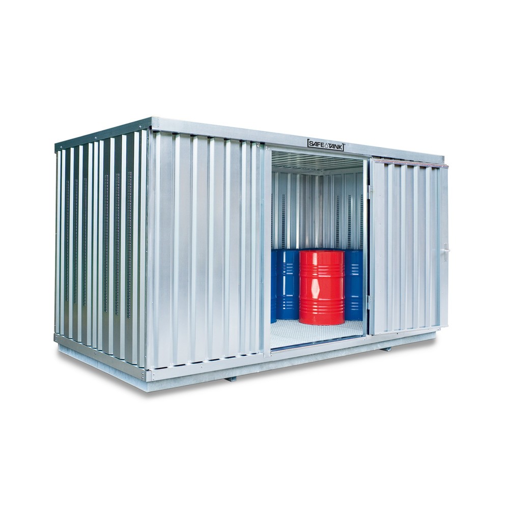 Illustration du produit: Conteneur pour substances dangereuses SAFE Tank 1350 installation à l'extérieur, galvanisé, monté. PLG, dimensions extérieures 4 050x2 170x2 300 mm, porte à un seul battant, au centre sur le côté de 2 m, surface de stockage 8 m²