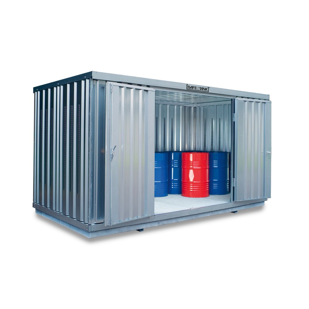 Illustration du produit: Conteneur pour substances dangereuses SAFE Tank 1350, installation à l'extérieur, galvanisé, monté, PLG, dimensions extérieures 4 050x2 170x2 300 mm, porte à doubles battants, au centre du côté de 4 m, surface de stockage 8 m²