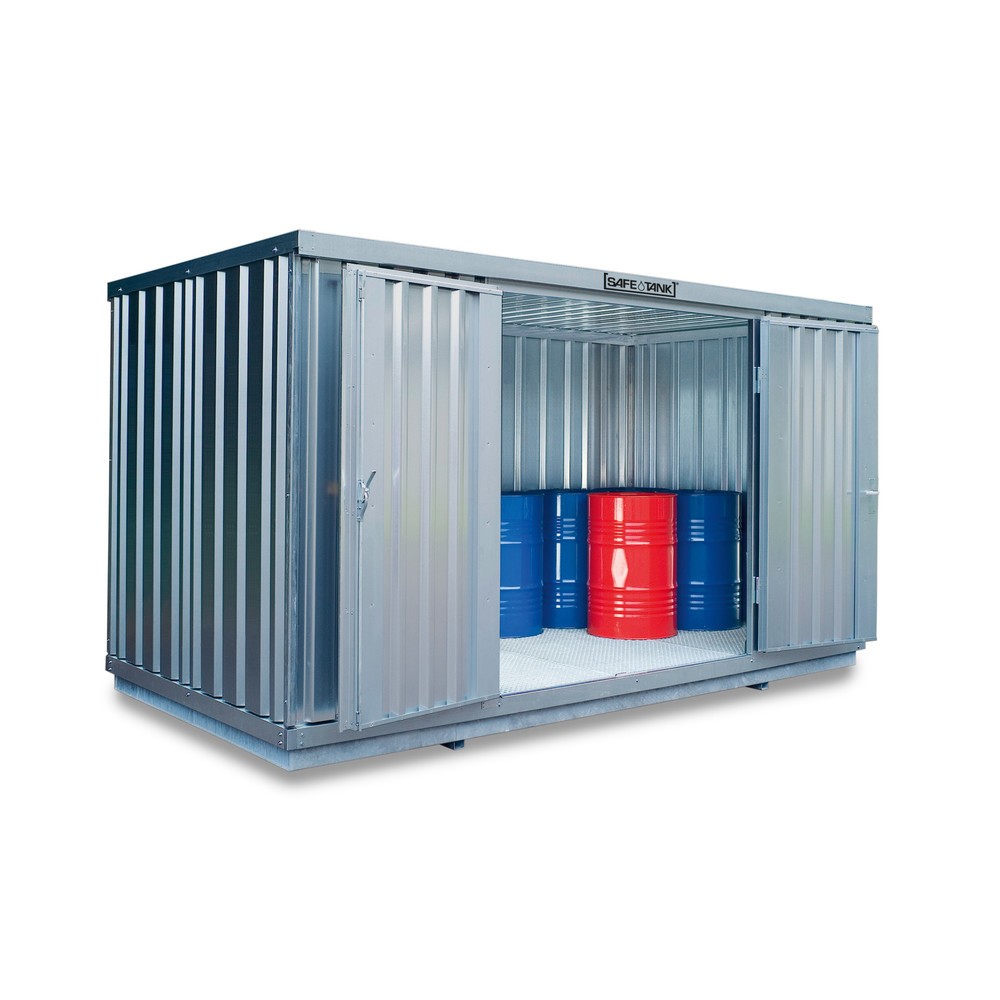 Illustration du produit: Conteneur pour substances dangereuses SAFE Tank 1350, galvanisé, monté, WGK, installation à l'intérieur et à l'extérieur, dimensions extérieures 4 050x2 170x2 300 mm, porte à doubles battants, au centre du côté large, surface de stockage
