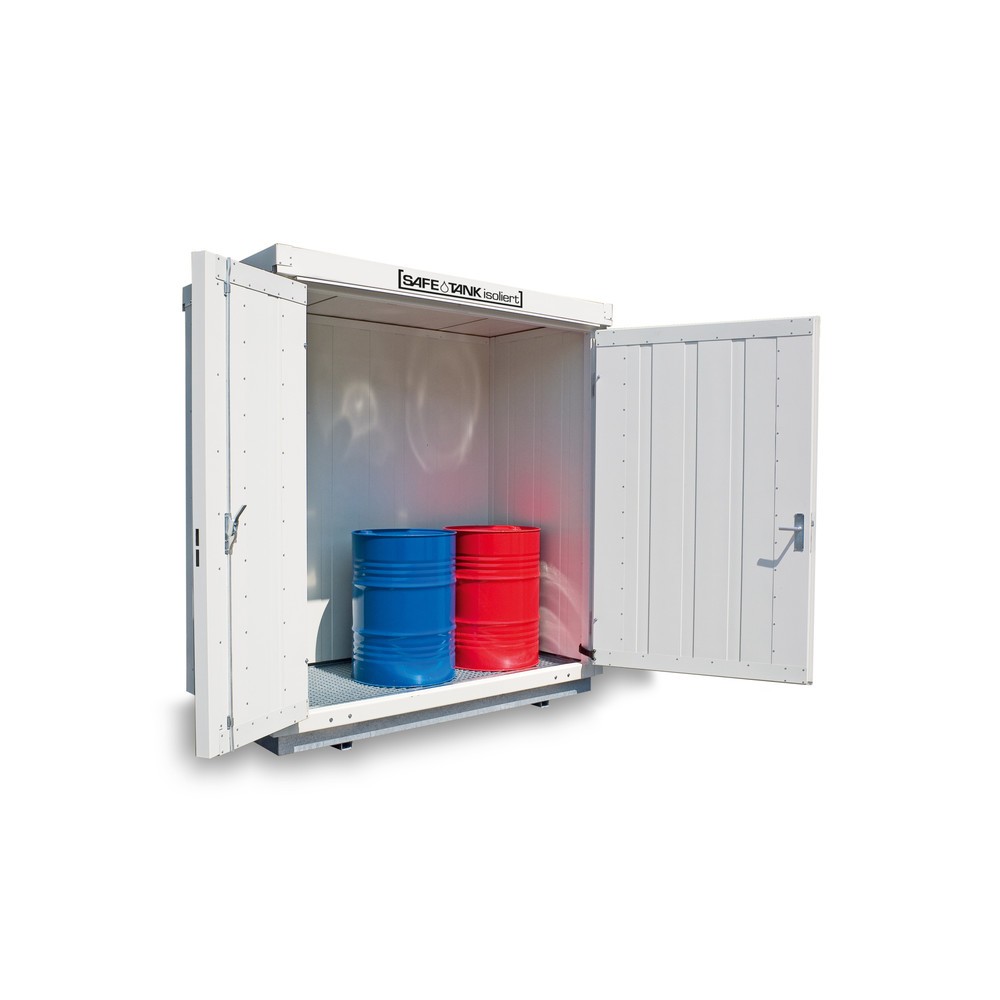 Illustration du produit: Conteneur pour substances dangereuses SAFE Tank 300 WGK, isolé, monté, revêtement plastique RAL 9002, dimensions extérieures 2 100x1 140x2 520 mm, porte à doubles battants (division asymétrique), au centre du côté large, surface de stockage