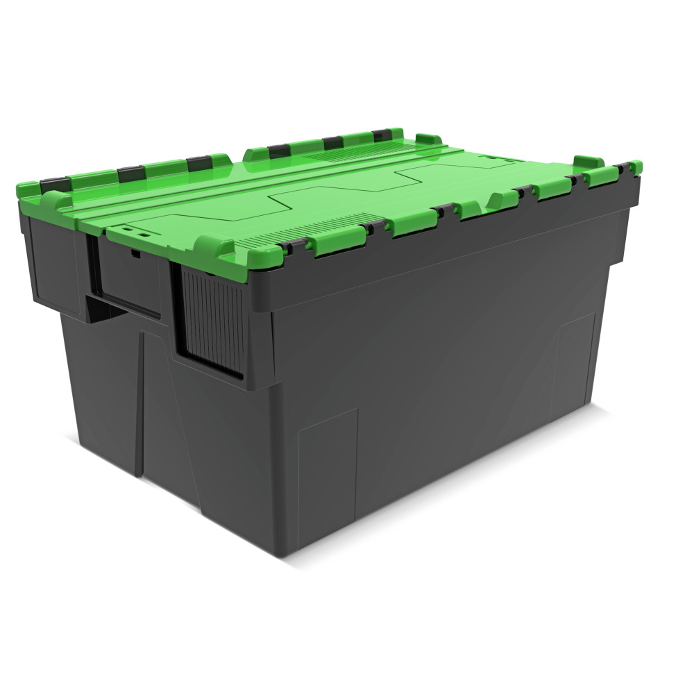 Immagine del prodotto: Alpha Eurobox in PP rigranulato con tappo incernierato, nero/verde, 56 litri, HxBxT 310 x 600 x 400 mm