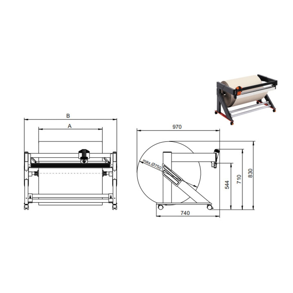 Número de imagen del producto 4: Rocholz soporte de corte bajo mesa Stabil, versión móvil, peso del rollo máx. 200 kg, ancho de corte 750 mm