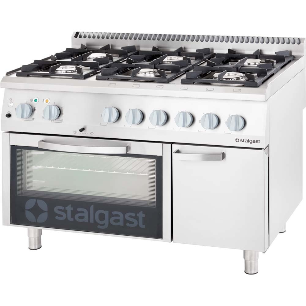 Illustration du produit: Cuisinière à gaz Stalgast avec 6 feux (3,5+2x5+2x7+9), four électrique GN2/1 et meuble bas, Série 700 ND