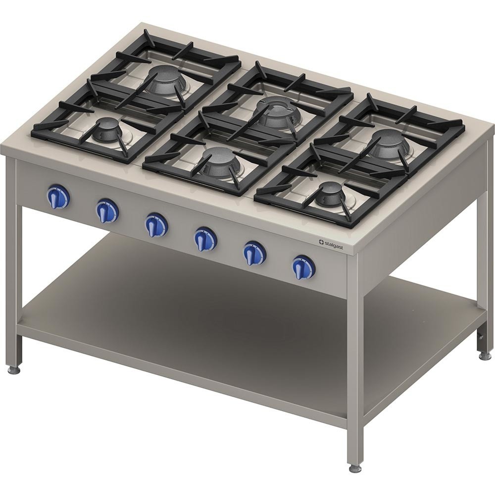 Illustration du produit: Cuisinière à gaz Stalgast série 900 – 6 feux (3,5+3x5+2x7), 32,5 kW, G20, 1300 x 900 x 850 mm (L x P x H)