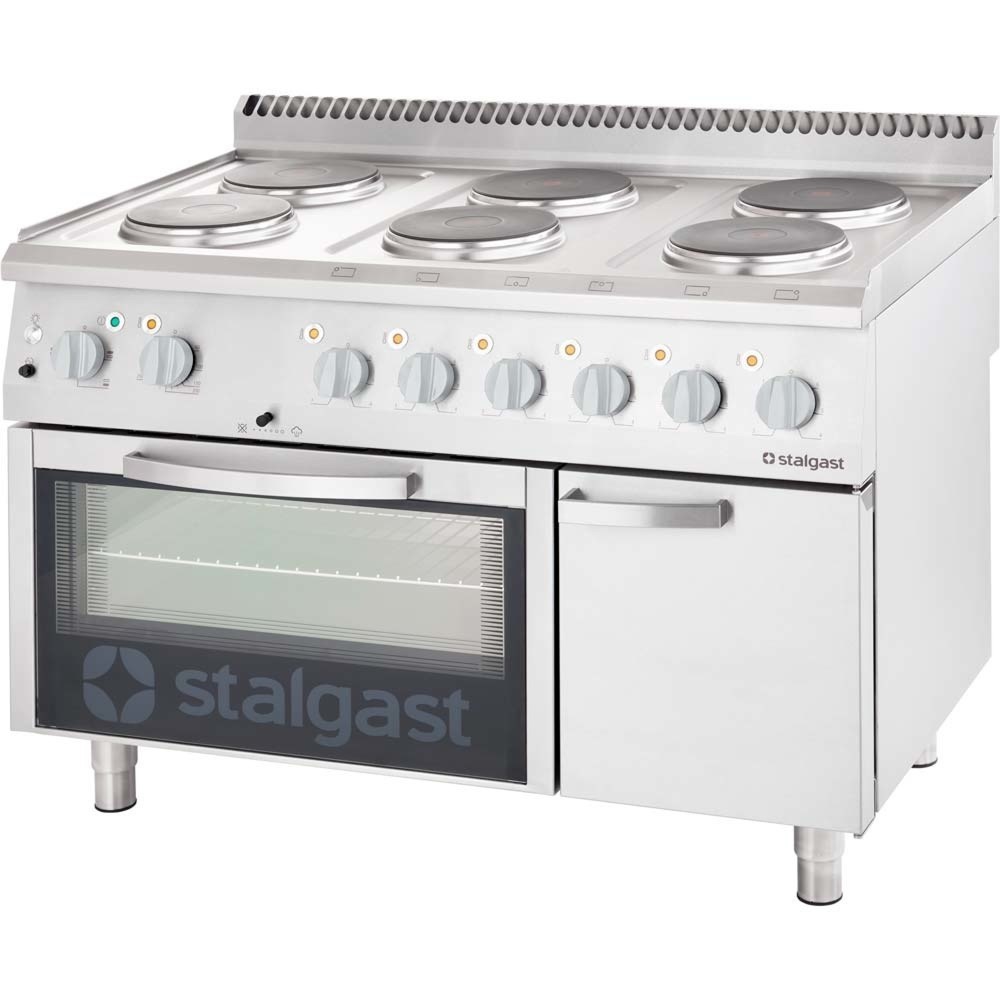 Illustration du produit: Cuisinière électrique Stalgast avec 6 plaques de cuisson, four statique GN 2/1 et meuble bas avec une porte, Série 700 ND