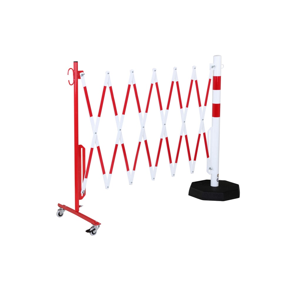 N° de l'image du produit 2 : dancop Barrière extensible, 1 pied à roulette, 1 poteau stabilisateur, largeur 3 600 mm, rouge/blanc