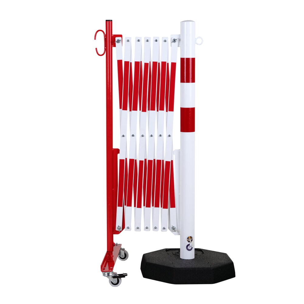 N° de l'image du produit 3 : dancop Barrière extensible, 1 pied à roulette, 1 poteau stabilisateur, largeur 3 600 mm, rouge/blanc