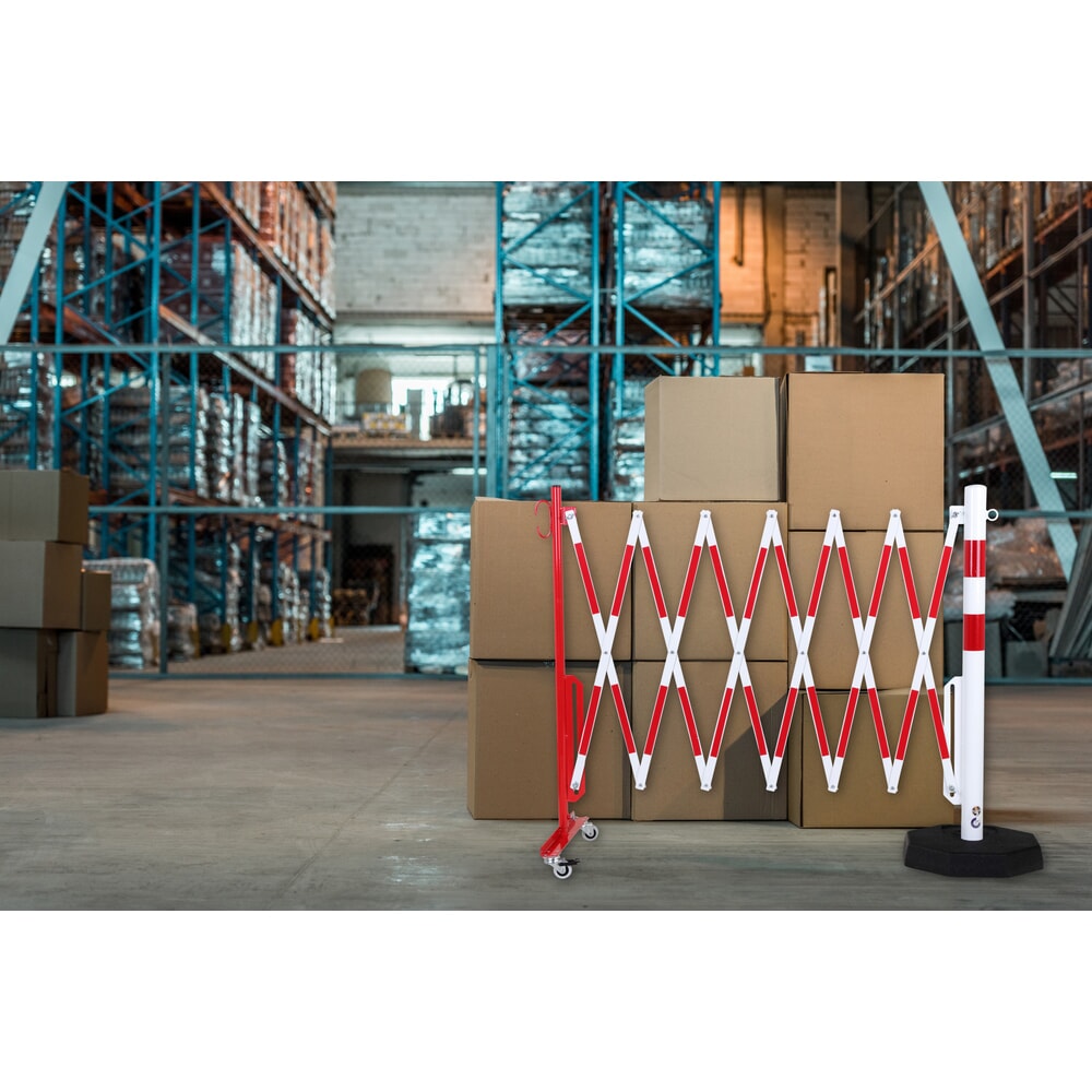 N° de l'image du produit 4 : dancop Barrière extensible, 1 pied à roulette, 1 poteau stabilisateur, largeur 3 600 mm, rouge/blanc