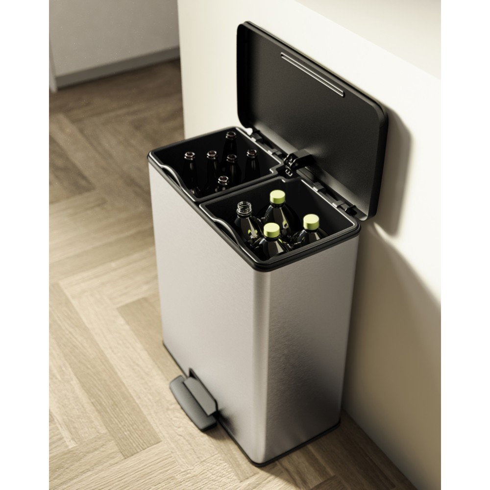 Produktabbildung Nr. 9: DECOBIN Tritt-Abfallbehälter Duo, rechteckig, 2x26 Liter, silber/schwarz