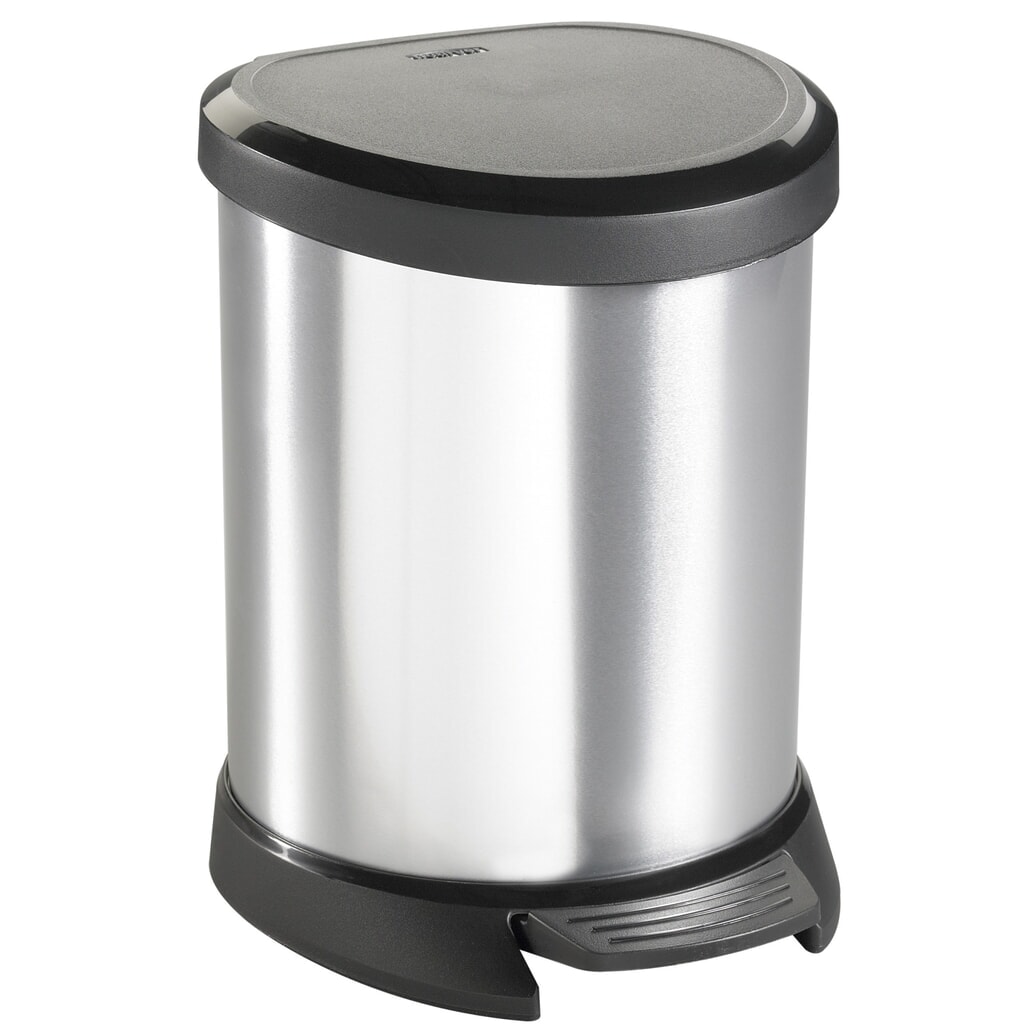 DECOBIN Tritt-Abfallbehälter, halbrund, 5 Liter, silber/schwarz Produktabbildung: DECOBIN Tritt-Abfallbehälter, halbrund, 5 Liter, silber/schwarz