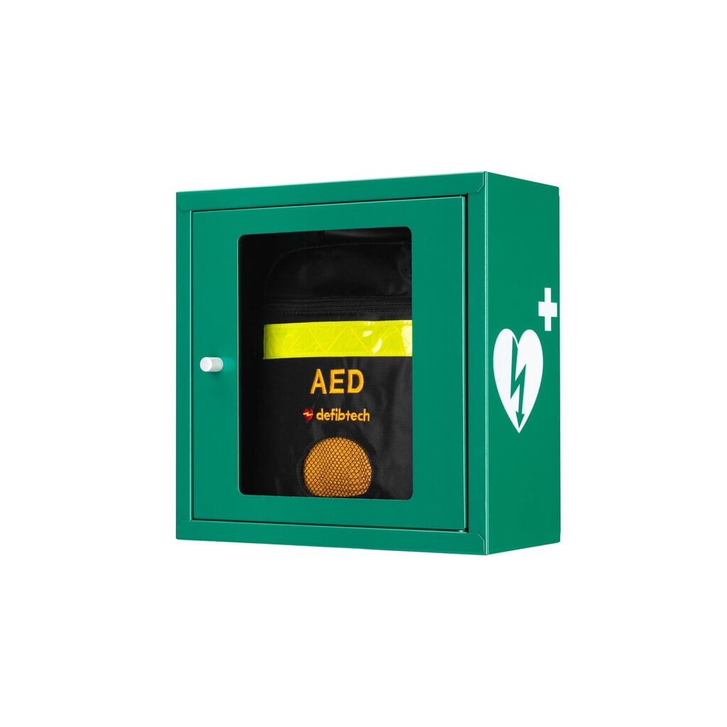 Produktabbildung: defibtech Defibrillatoren-Schrank mit akustischem Alarm, signalgrün
