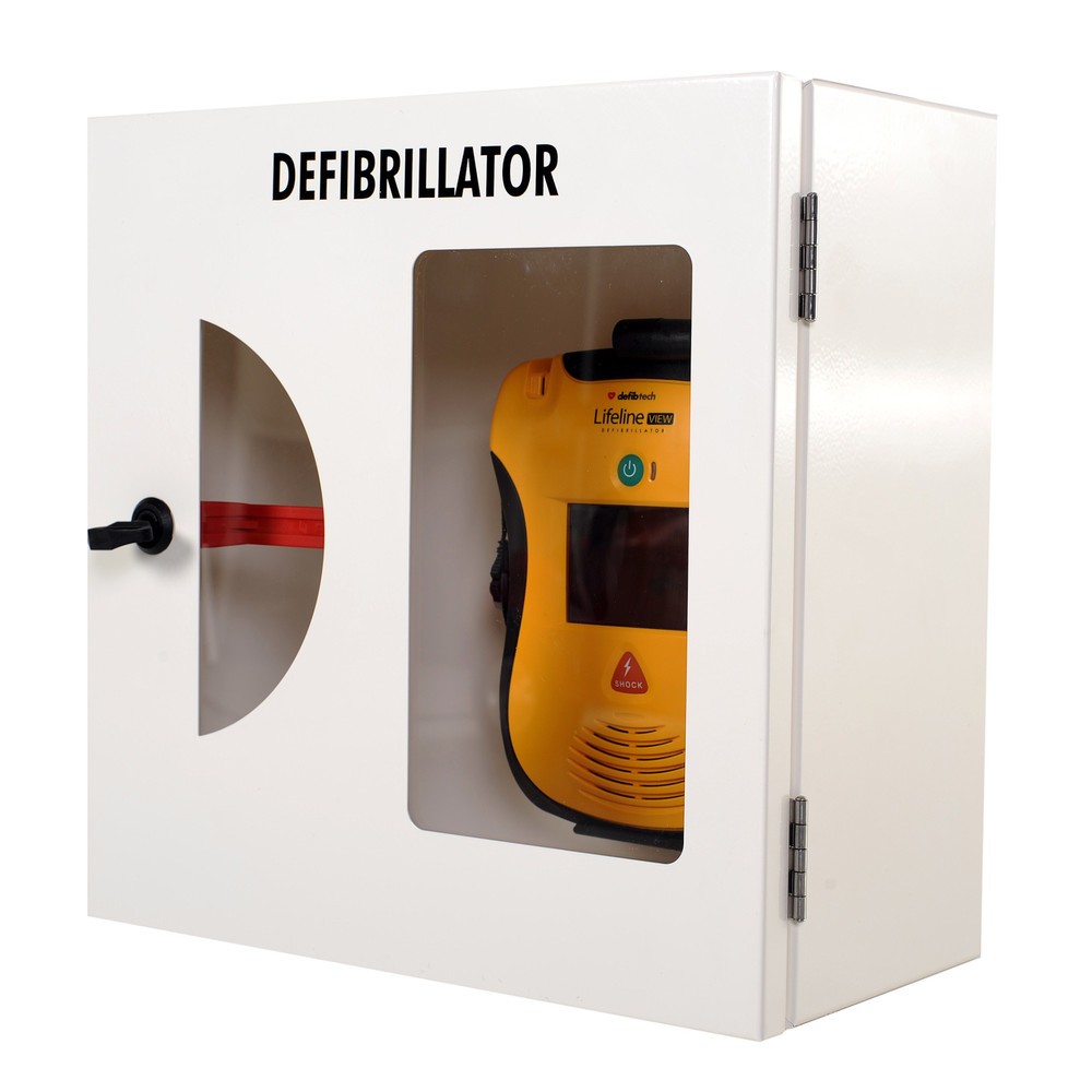 Produktabbildung: defibtech Defibrillatoren-Schrank mit Einschlagscheibe und akustischem Alarm, reinweiß
