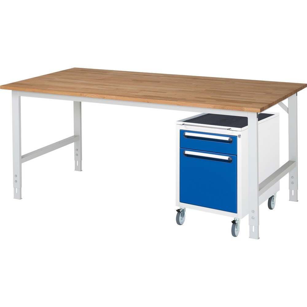 Obrázek produktu: Dílenská sestava RAU TOM 2dílná, s pracovním stolem, VxŠxH 760-1080 x 2 500 x 1000 mm, pracovní deska z bukového masivu, plus mobilní kontejner se 2 zásuvkami, VxŠxH 690 x 480 x 600 mm