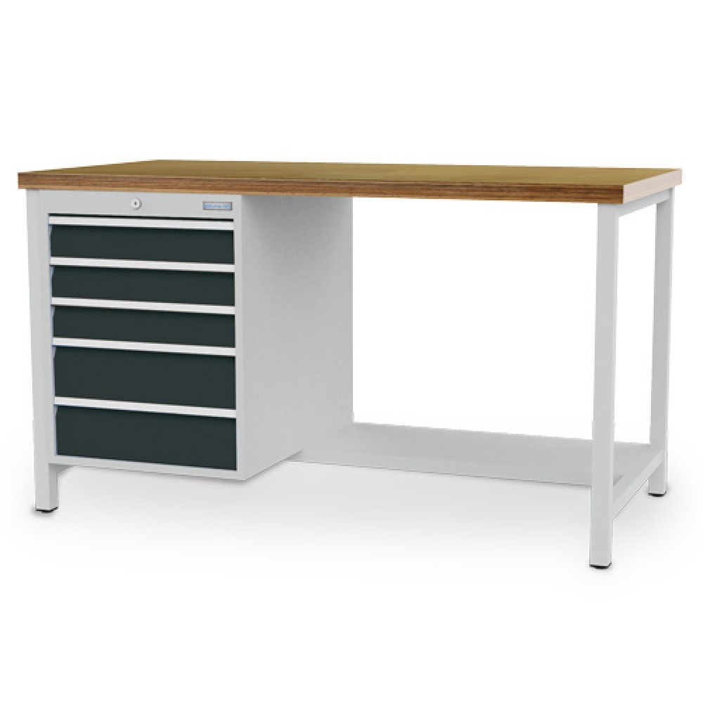 Obrázek produktu: Dílenský stůl se skříňkou Bedrunka+Hirth R 18-24, VxŠxH 859 x 1500 x 750 mm, světle šedá, antracitová šedá, 5 ks zásuvka 3x100 + 2x150 mm