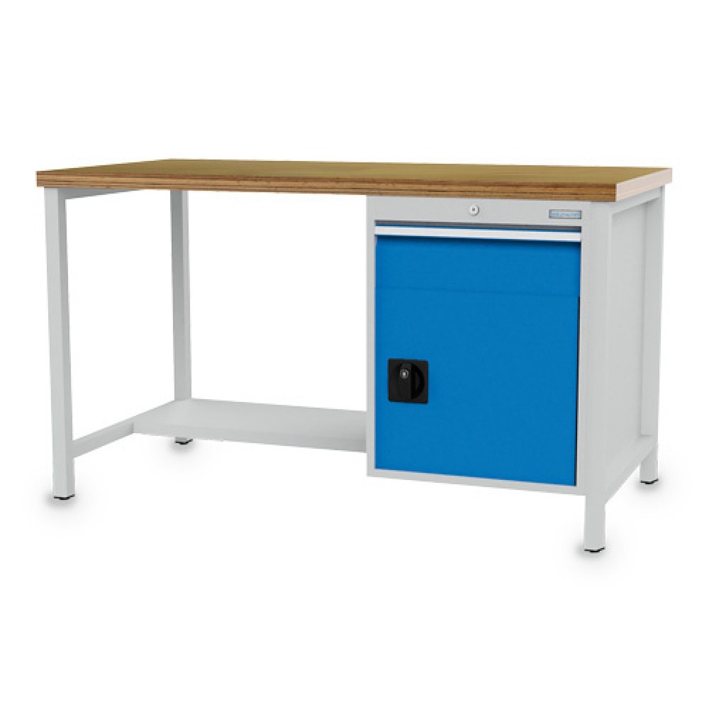 Obrázek produktu: Dílenský stůl se skříňkou Bedrunka+Hirth R 18-24, VxŠxH 859 x 1500 x 750 mm, světle šedá, světle modrá, 1 ks zásuvka 1x150 mm, 1 křídlové dveře 1x450 mm
