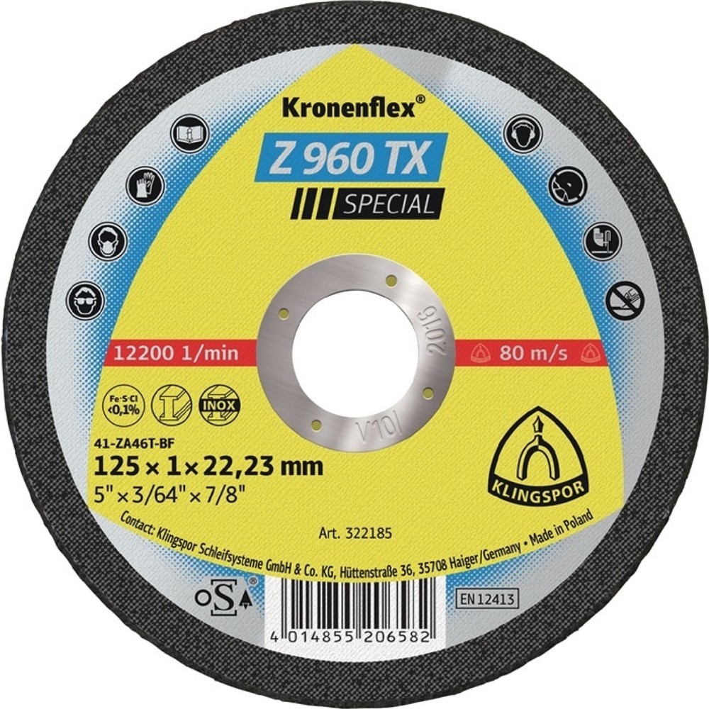 Illustration du produit: Disque à tronçonner Z 960 TX D115x1 mm droit INOX perçage 22,23 mm KLINGSPOR
