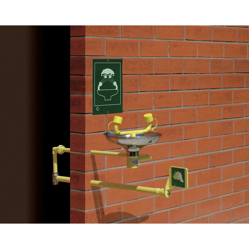 Illustration du produit: Douche oculaire Erbstößer®, DIN EN 15154-2 et ANSI Z 358, montage mural, avec cuvette de récupération en acier inoxydable, à double jets, résistante au gel