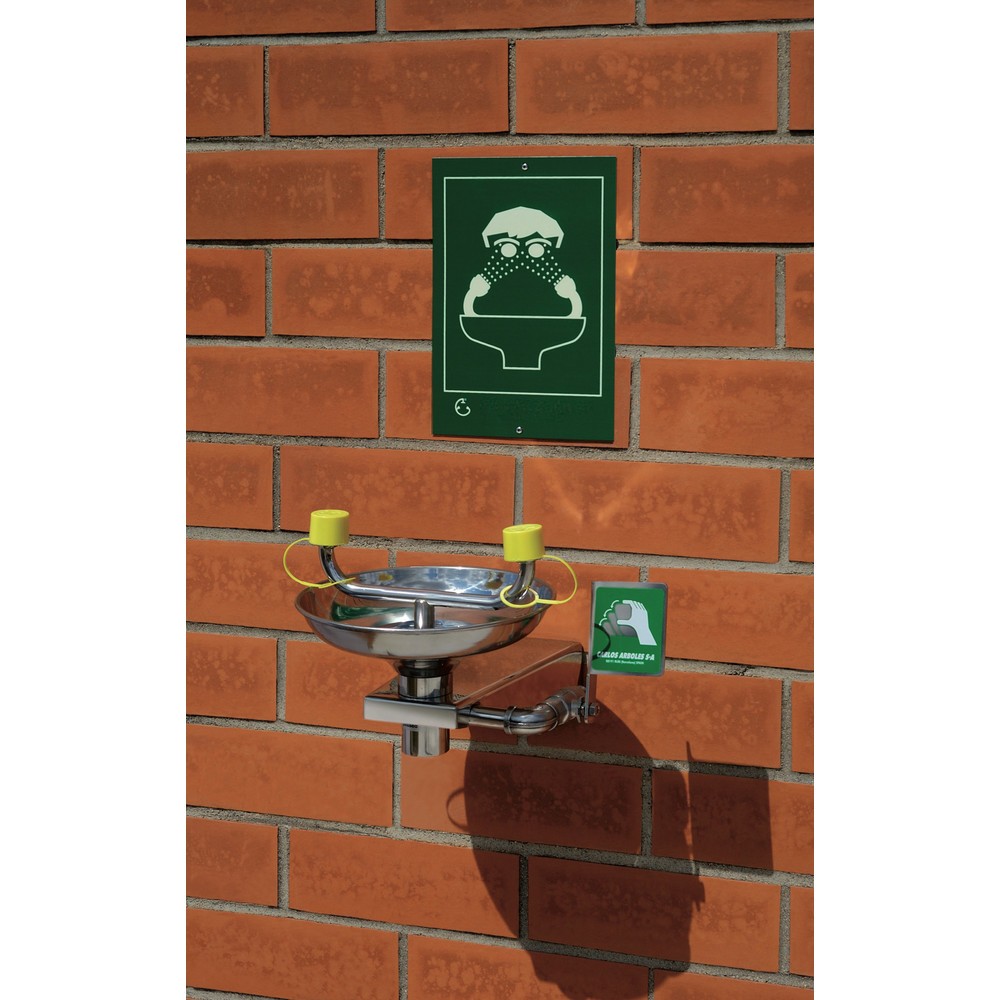 Illustration du produit: Douche oculaire Erbstößer®, DIN EN 15154-2 et ANSI Z 358, montage mural, toute en acier inoxydable, avec cuvette de récupération, à double jets